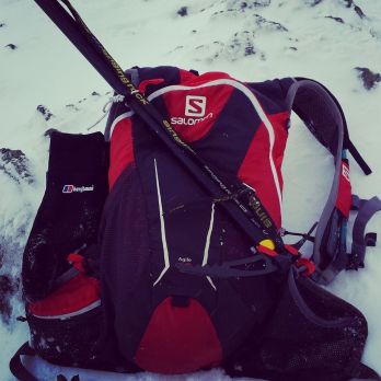 Salomon Agile with Ice Axe attached and Berghaus Gloves (Pack containing Hat, Rab warm jacket, Head Torch, Map, Compass, Water, Food and Emergency Phone)